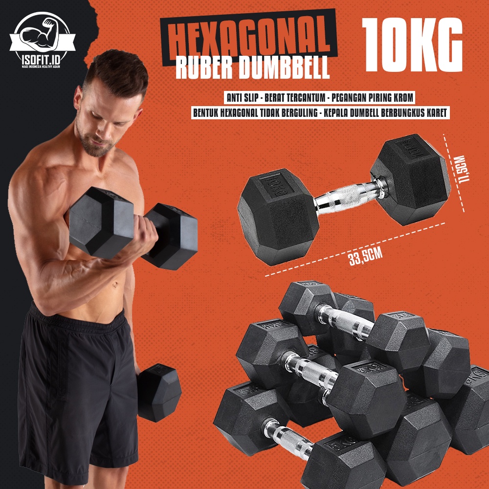 Isofit.id Hex Rubber Dumbell 10 KG / Barbel Hexagonal Karet dengan pegangan besi