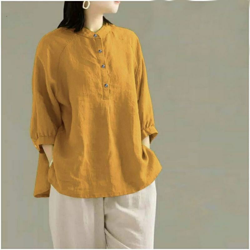 Happy Bahan Linen Kemeja Blouse Wanita Jumbo LD 120 Lengan 3/4 Korean Style