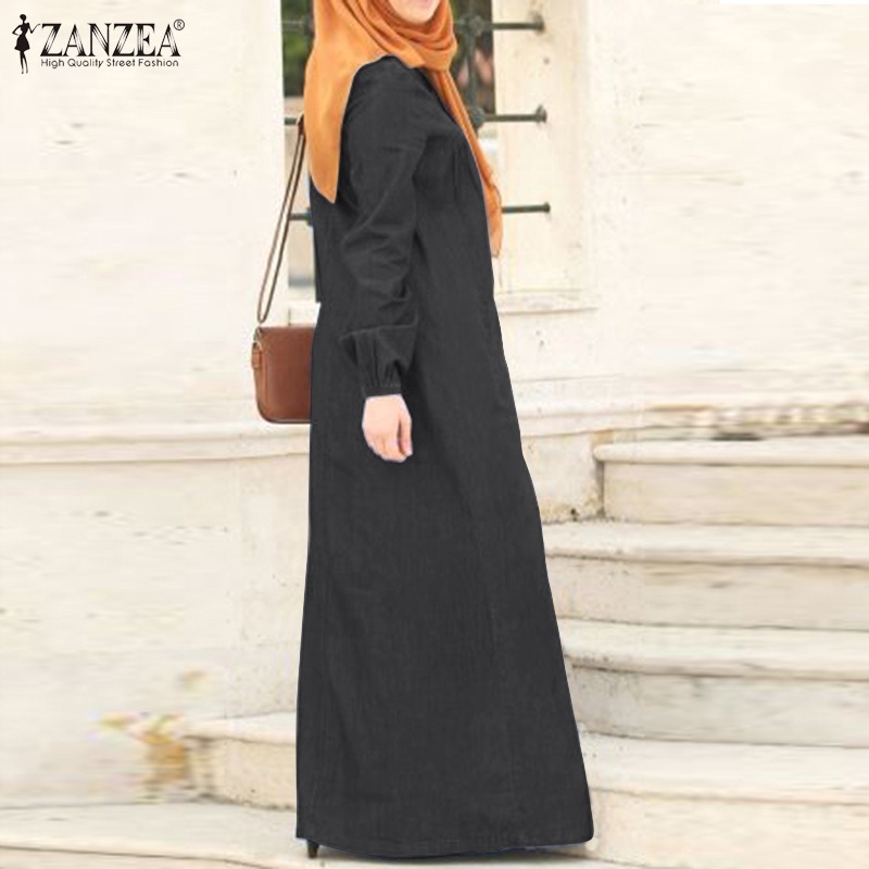 ZANZEA Women Casual Long Sleeve Elastic Cuff Muslim Long Dress