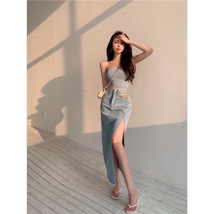 Suhao Denim Setengah Rok Wanita Musim Panas Baru Net Merah Tampilan Slim Slip Tas Pinggang Rok Pinggang Tinggi