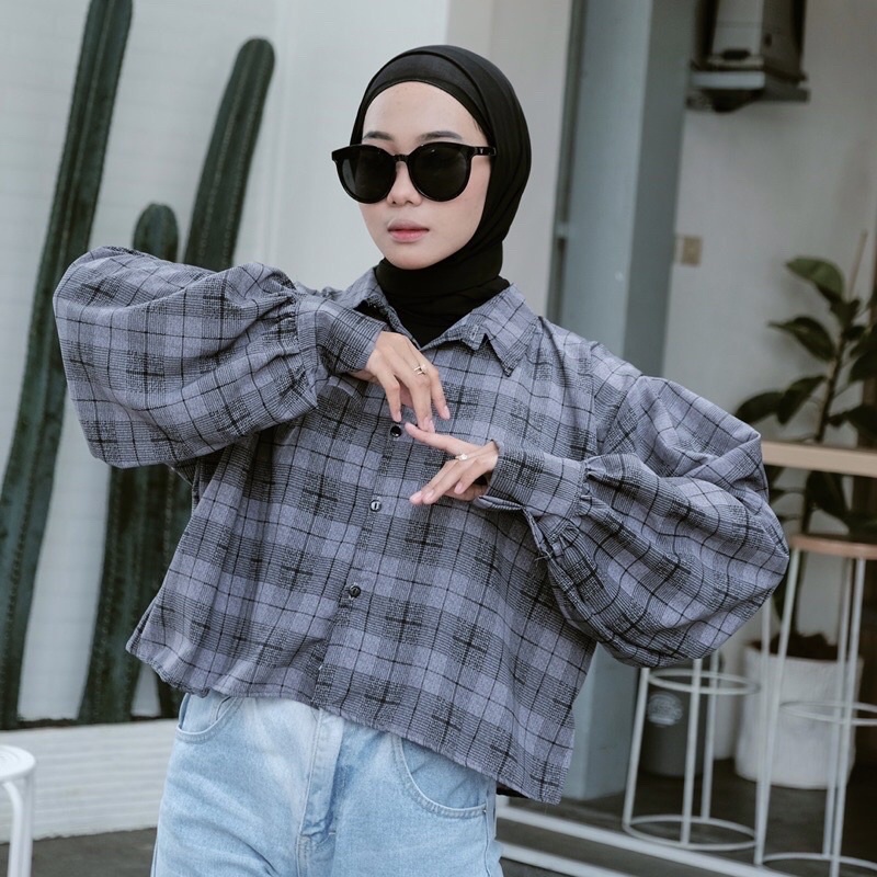 READY STOCK KEMEJA CROP TARTAN OUTER || CROP TARTAN SHIRT || OVERSIZE CROP TARTAN || KEMEJA CROP LENGAN PANJANG