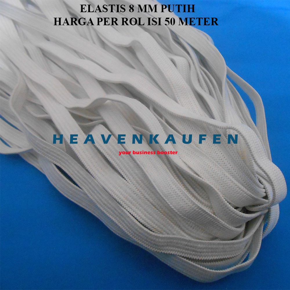 Karet Elastis / Elastic Lebar 8 mm Warna Putih Harga Per Rol isi 50 Meter Tanpa Merk