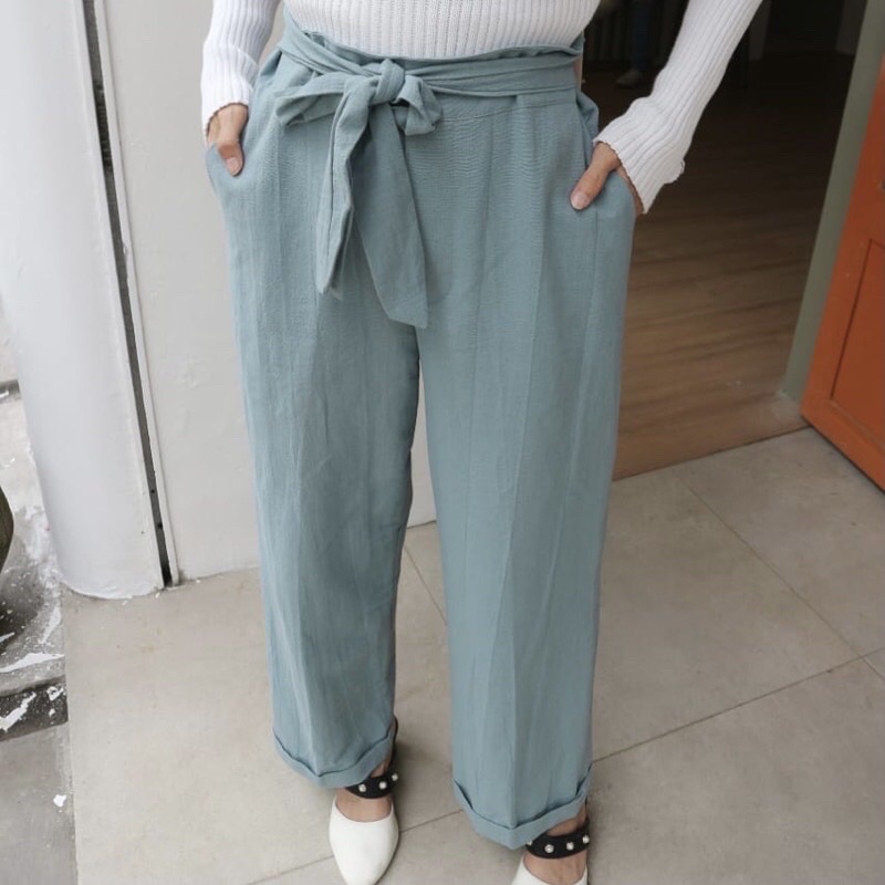 HARU KULOT LINEN rami polos aksen tali ribbon pinggang belakang karet jumbo [evriastuff]