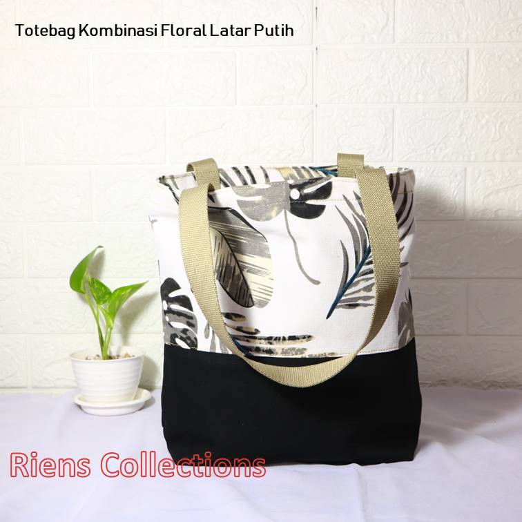 TAS KANVAS TOTEBAG KANVAS KOMBINASI MOTIF FLORAL LATAR PUTIH. Riens Collections