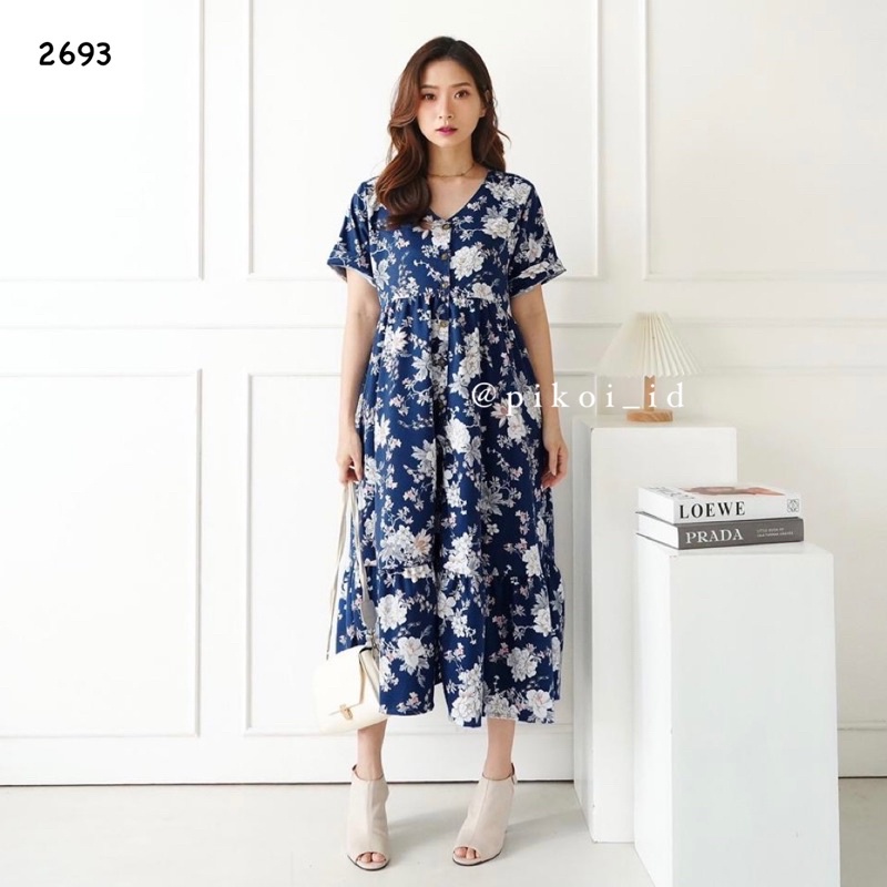 summer dress kancing wanita / dress busui bunga santai / floral dress vintage full kancing 2693