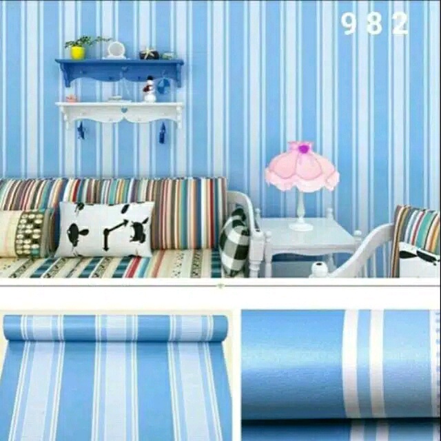 PROMO Wallpaper Sticker Dinding BIRU PUTIH GARIS SALUR WPS599 Wallpaper Stiker Kamar Ruang Tamu Dapu