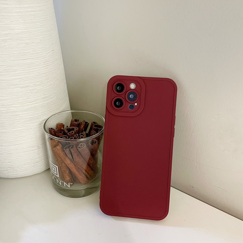 Korean Style！Red Wine Color Soft Silicon Case iP iPhone 7 8 + Plus X XR SE 2020 XS Max 11 12 13 Pro Max Camera Protector