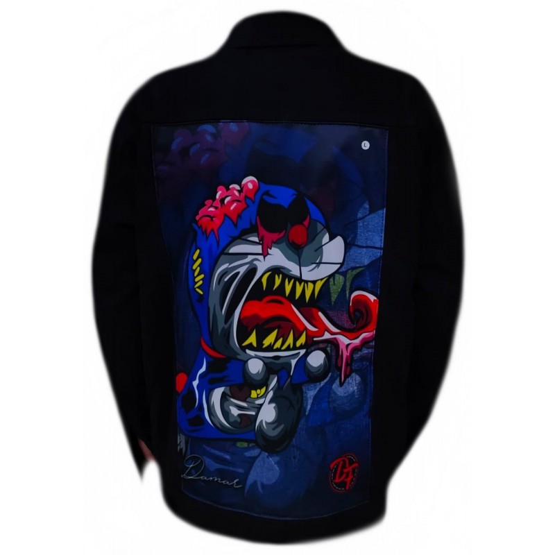 jaket denim printing hitam doraemon lick | S014