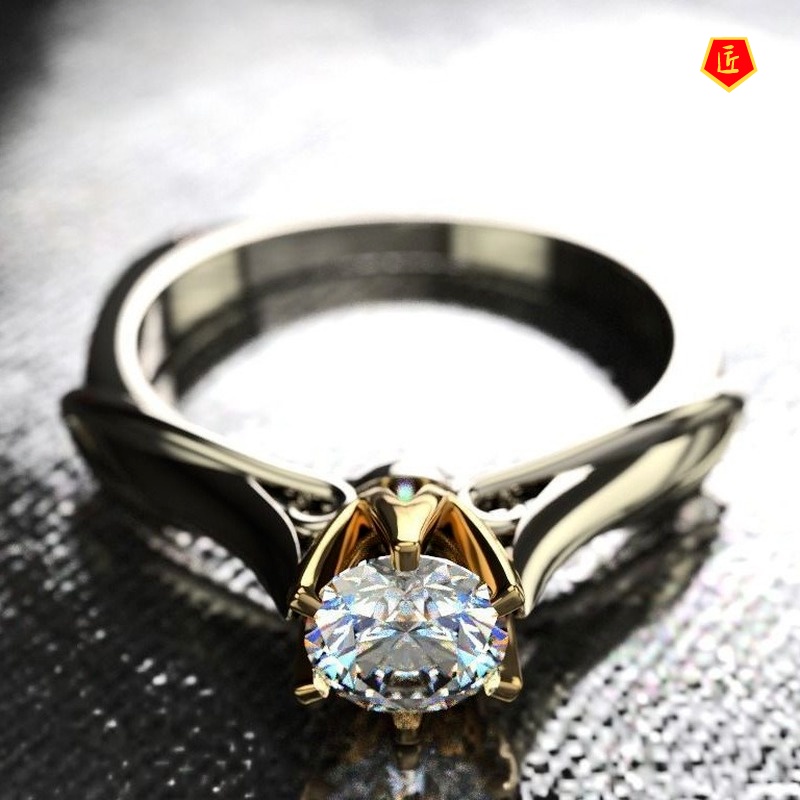 [Ready Stock]1 Karat Classic Six-Claw Moissanite Two-Tone Ring for Women