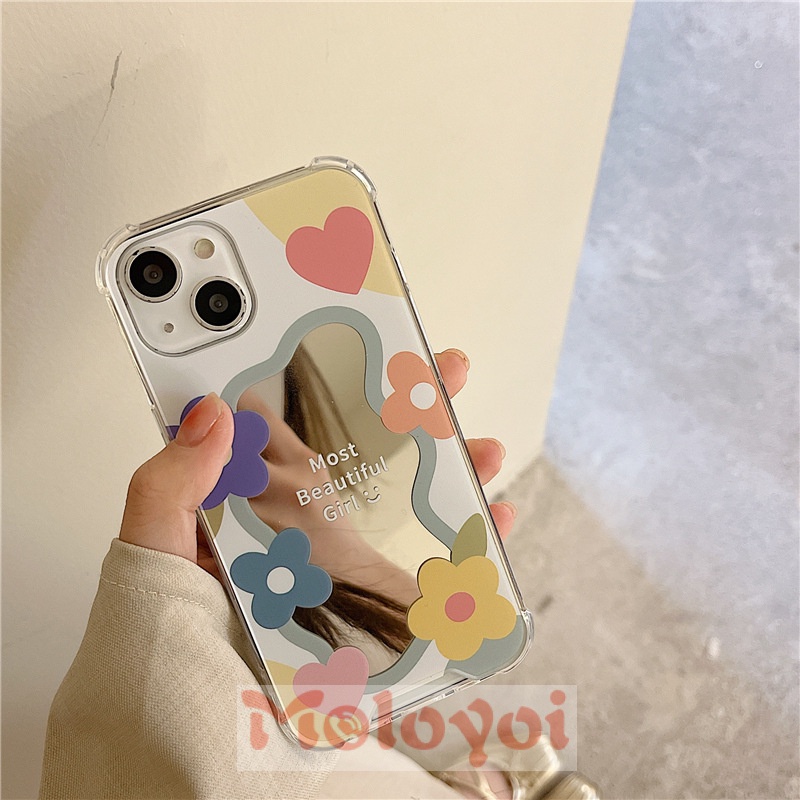 Soft Case Tpu Motif Bunga Aksen Cermin Untuk IPhone 11 XR X 7Plus 8Plus XS Max 13 12 11 Pro Max 7 8 SE 2020