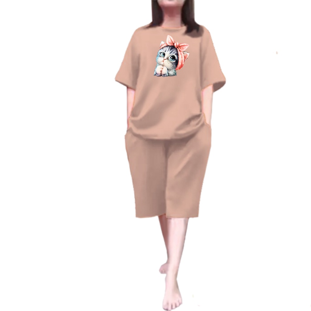 Setelan Wanita Kaos Oversize Kucing Pita Pendek Kulot Jumbo LD 110