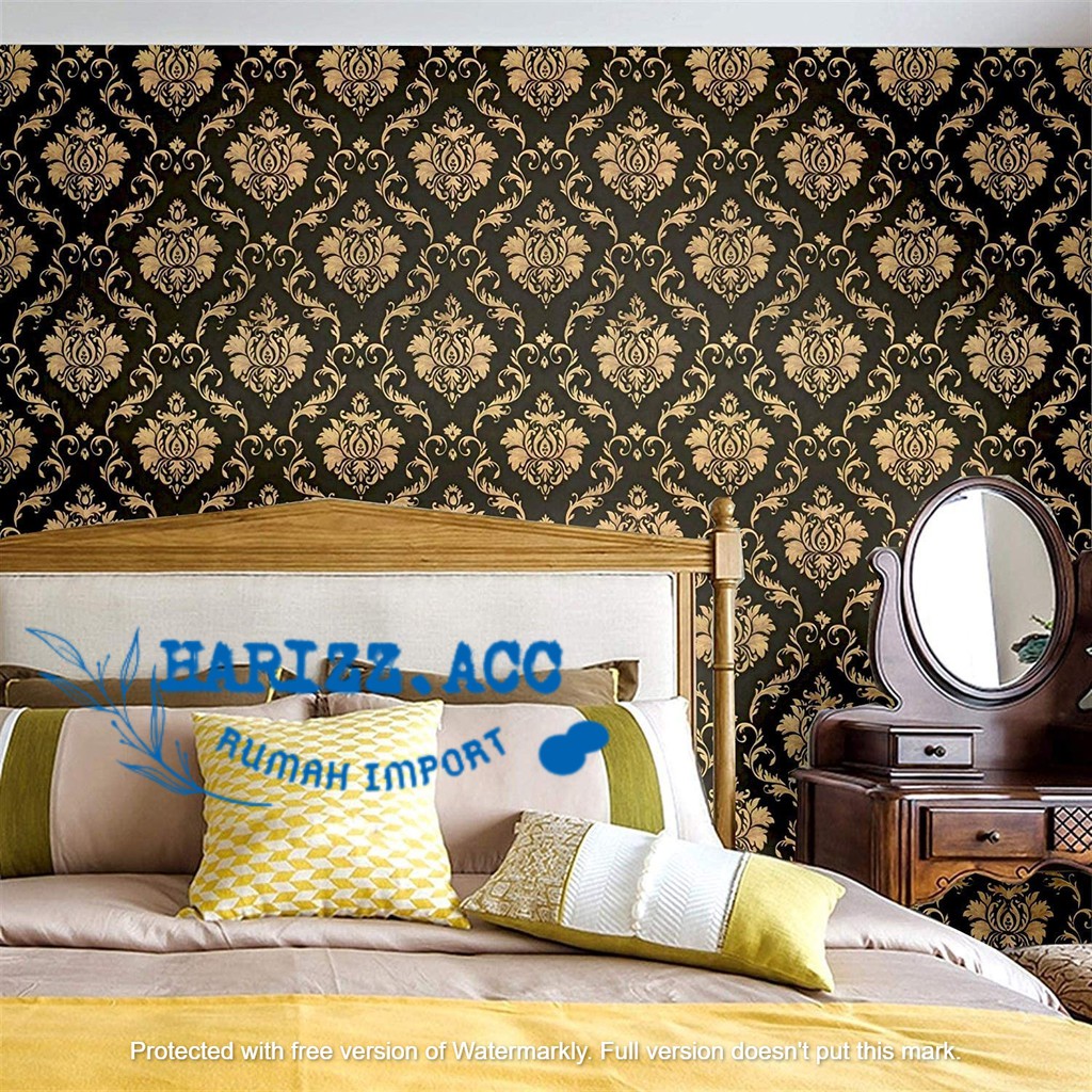 Wallpaper stiker dinding motif batik gold dasar hitam