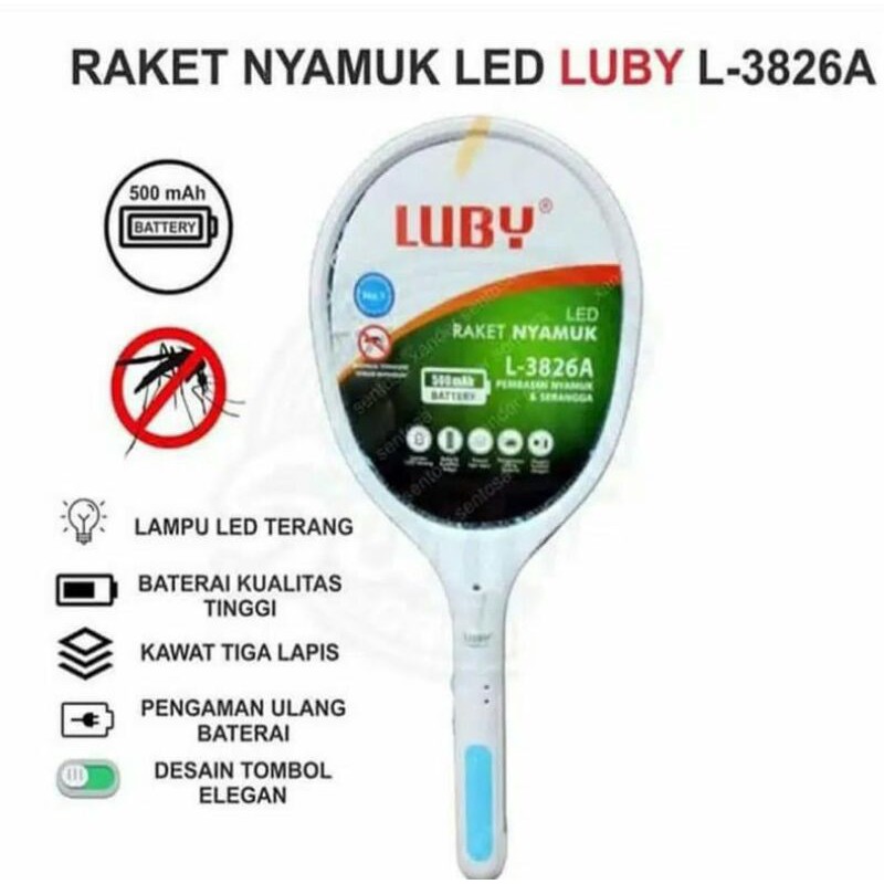 Raket Nyamuk LUBY 3826A Rechargeble Tahan 20 Jam + Lampu LED Random