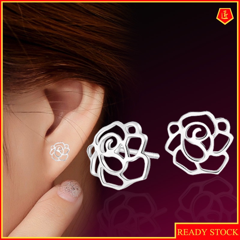 [Ready Stock]Elegant Hollow Peony Silver Stud Earrings