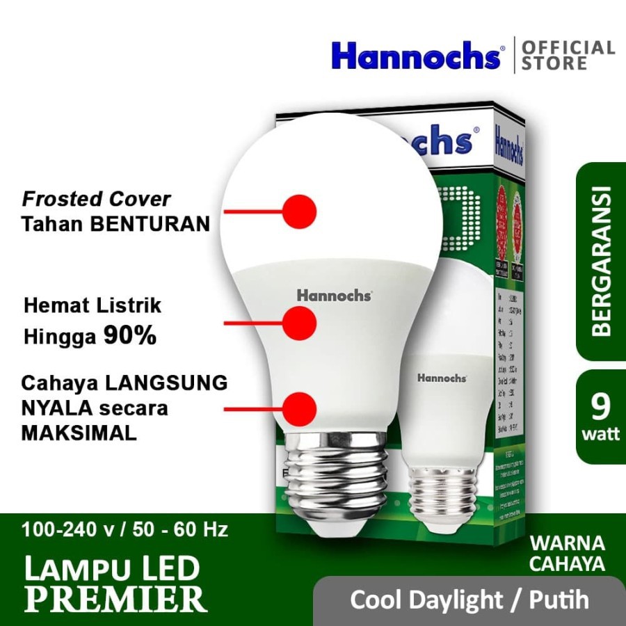 HANNOCHS PREMIER 9 WATT - Bola Lampu LED E27 9 Watt - Garansi 1 Tahun