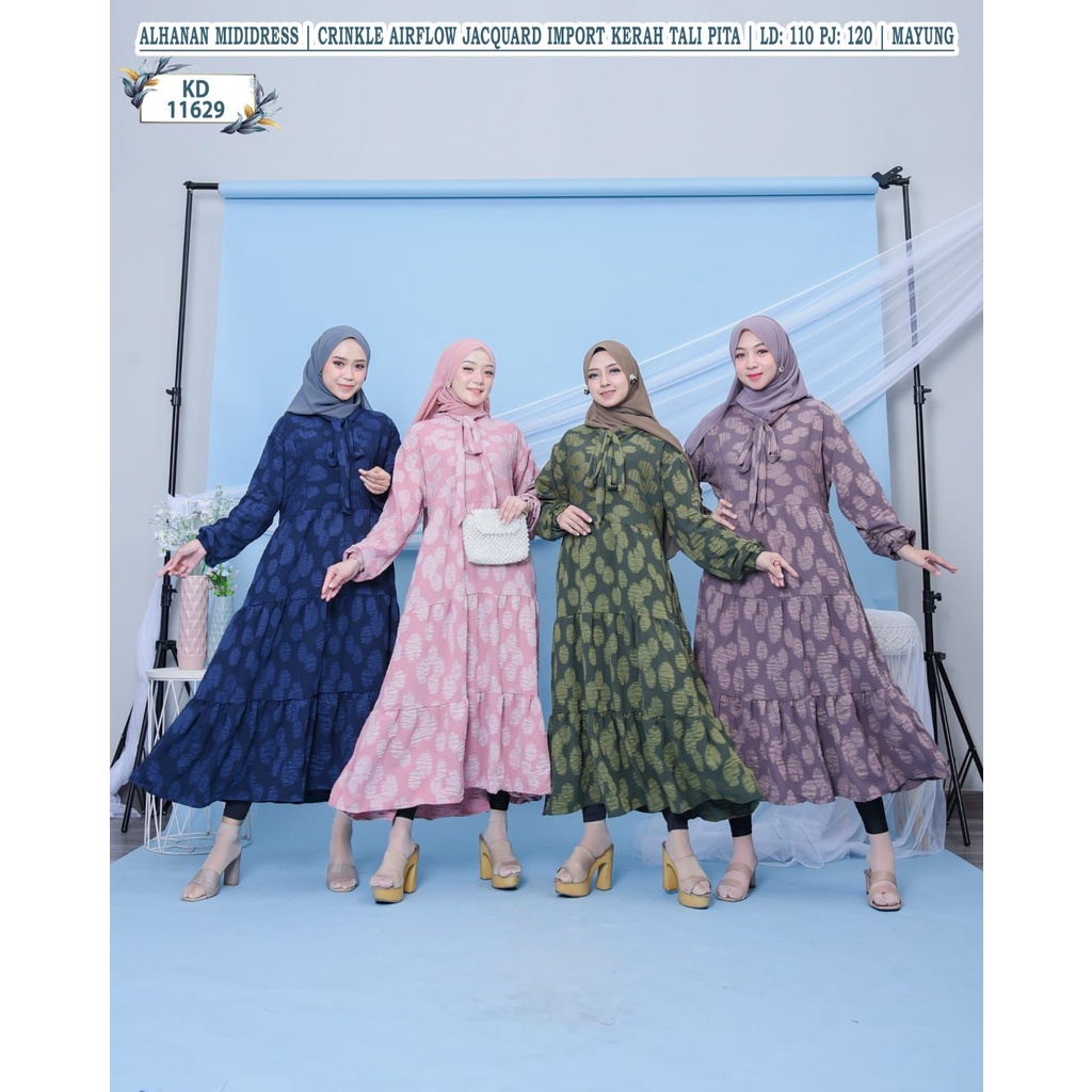 KD 11629 (isi 4) ASYA Midi Dress Crinkle Airflow Jacquard Import Kerah Tali Pita Lebar Mayung Motif 
