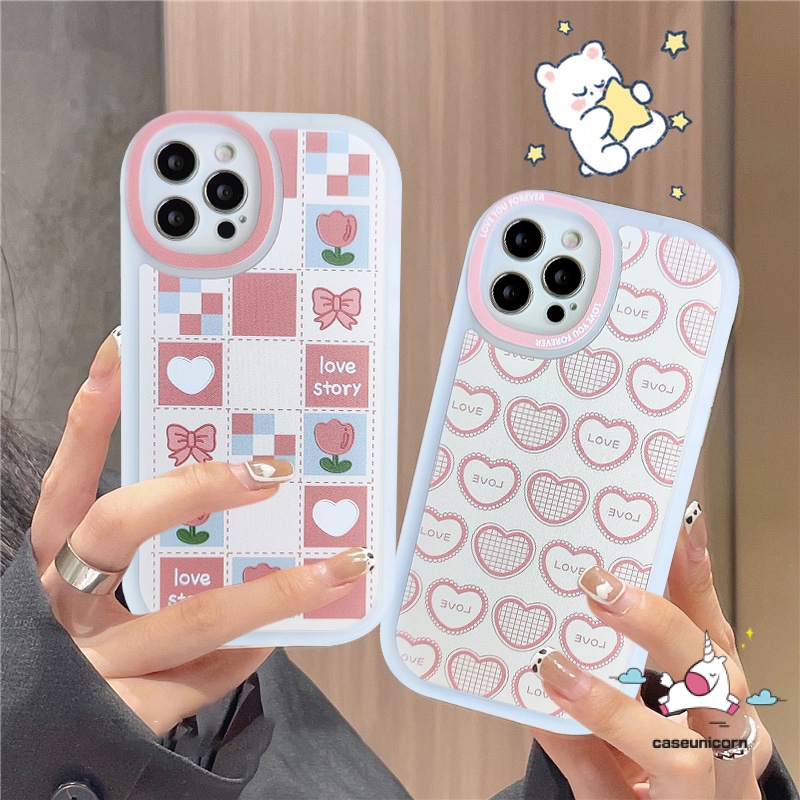Soft Flower Case Realme C55 C15 C30 C53 8i 5 10 Pro Plus C25S C12 C21 C20A C20 C35 C31 C17 C1 C25 GT C3 5i 6i 8 7i 5S 8Pro C21Y Tahan Guncangan Cinta Hati Kotak-Kotak Lensa Oval Telepon She