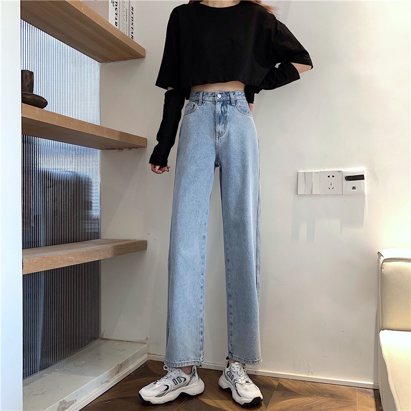 yikoo-Celana Panjang Model High Waist Bahan Jeans Split Garpu Untuk Wanita Pants