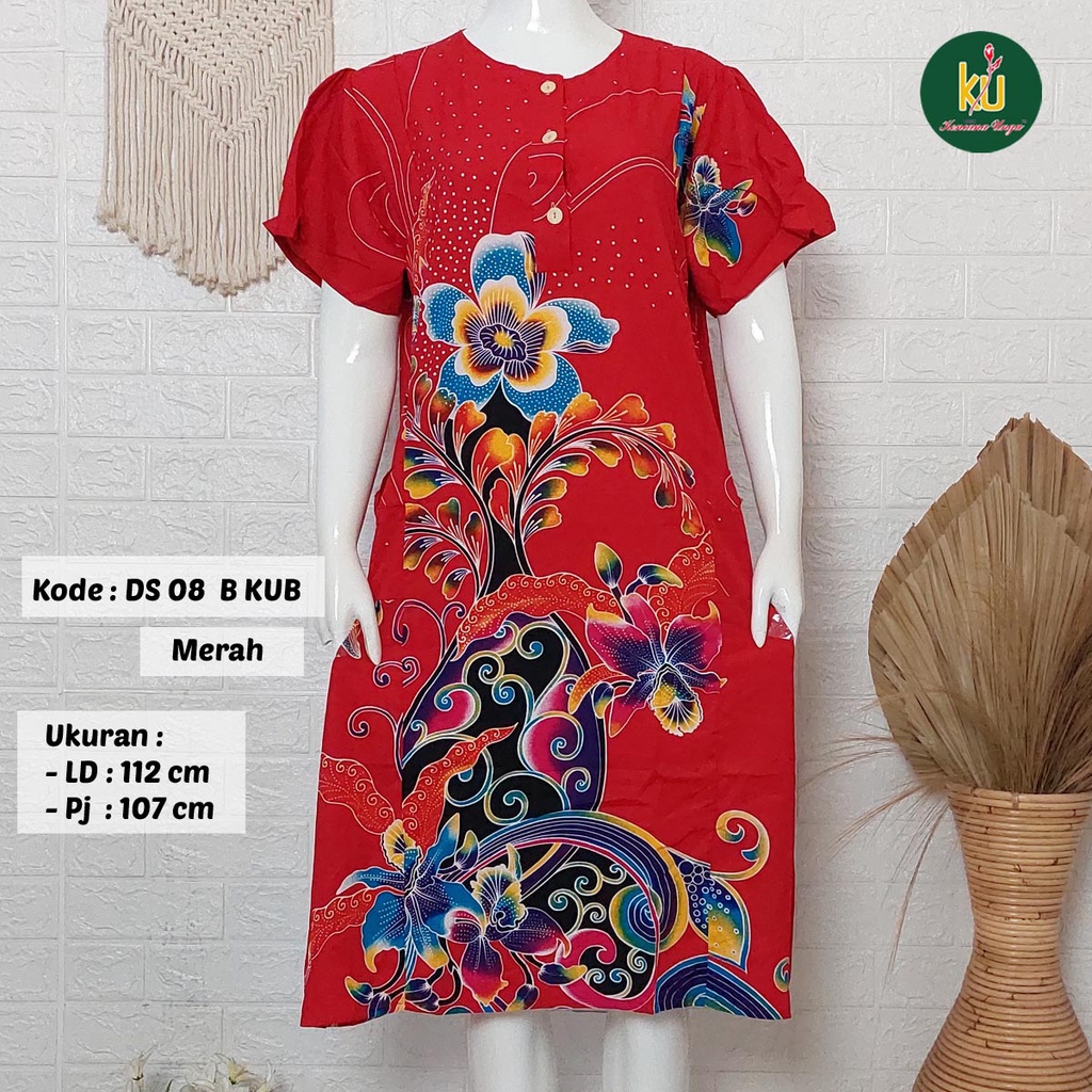 Bisa COD DS08 KUB | Daster Batik Kencana Ungu Asli Label Biru | Baju Santai Tidur Wanita Dewasa Kancing Depan Busui Friendly Motif Terbaru-Merah E