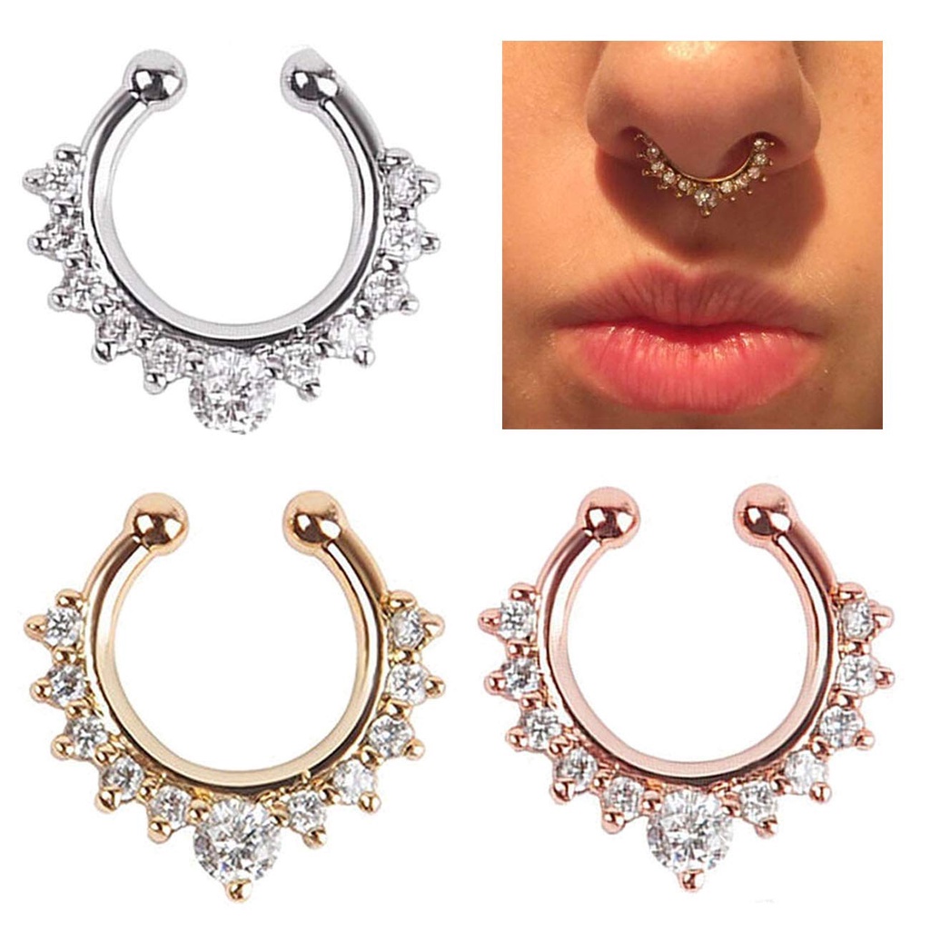 Anting hidung tanpa tindik model jepit style india keren aksesoris wanita kece bahan alloy rhinestone plastik warna silver copper gold