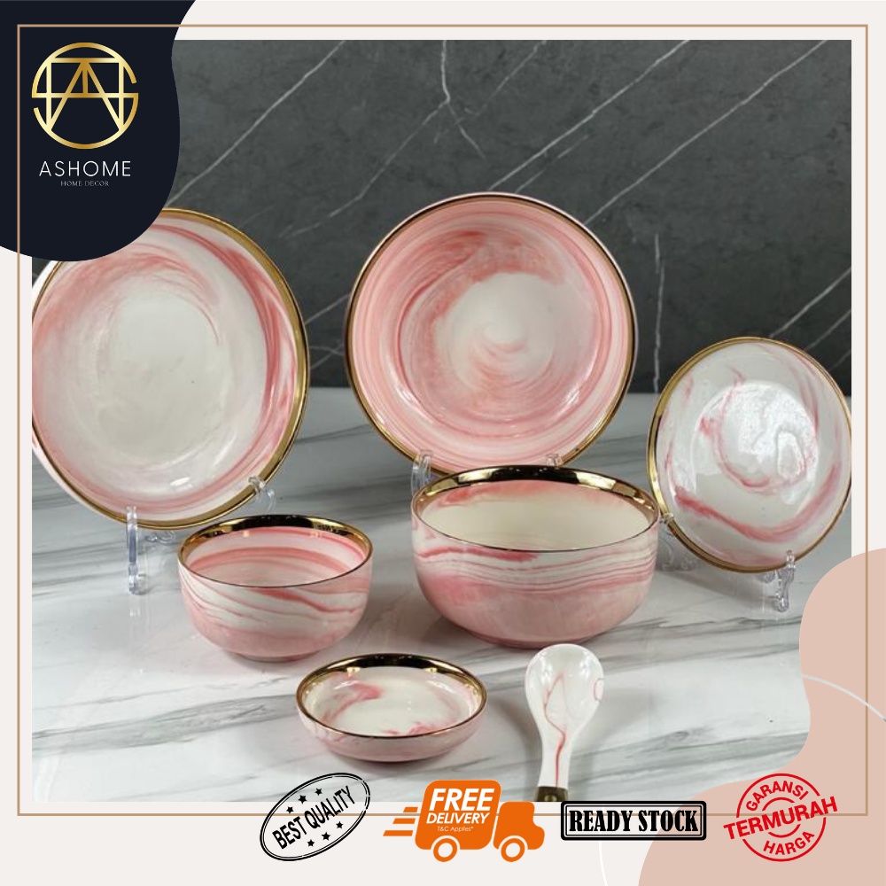 ASHOME Piring Set Lengkap Warna Pink Marble Gold isi 9 Pcs /  Piring Set Keramik List Emas / Piring 