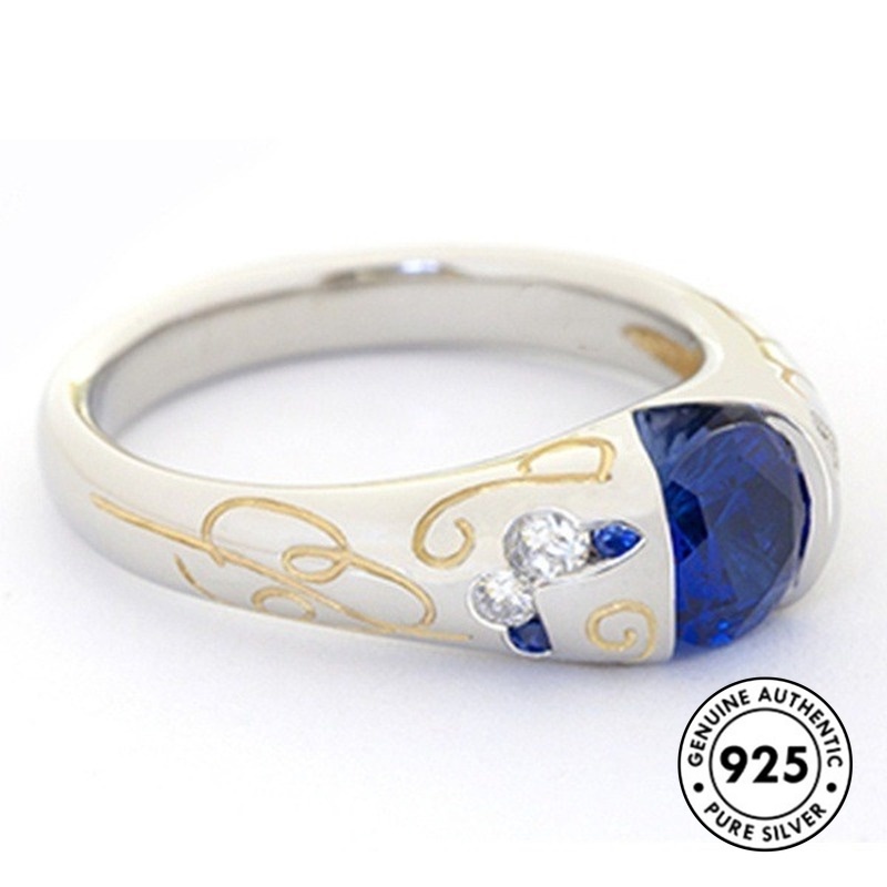 Cincin S925 Minimalis Desain Lebah Aksen Batu Permata Biru