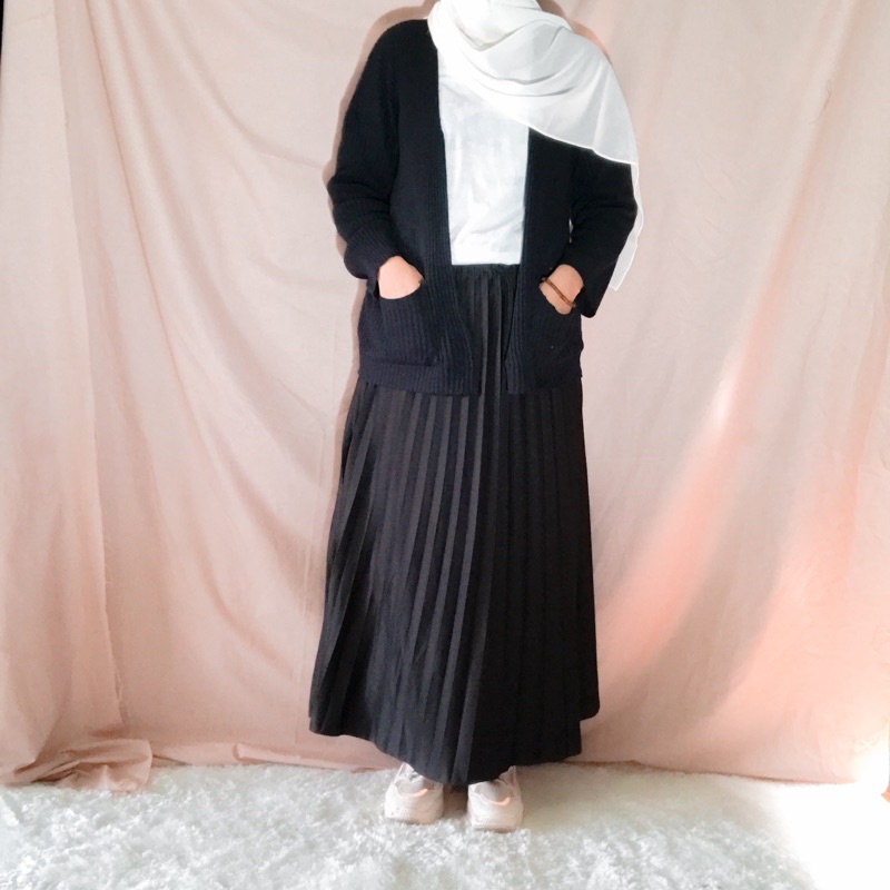 SETELAN OOTD 4IN1 INNER + CARDI + ROK PLISKET + HIJAB / ONE SET PAKET HEMAT