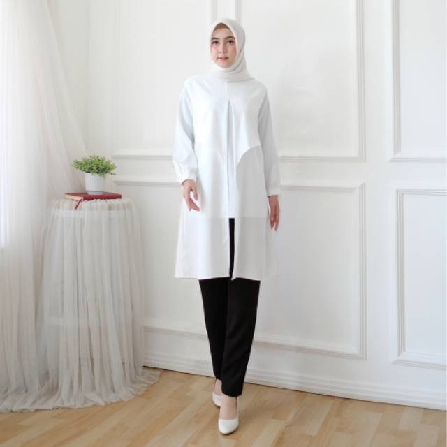 TUNIC ARISA WHITE M L XL Baju Atasan Wanita Muslim Terbaru Sesuai Gambar Kualitas oke Realpict Ori