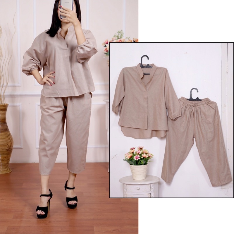 Setelan Wanita Atasan setelan kulot, setelan wanita polos terbaru+Celana Kekinian Lucia set Linen one set terbaru