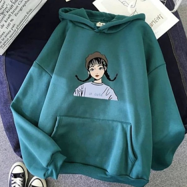 Sweater Hoodie Wanita So Cute Sweater Fleece Kekinian-Hijau