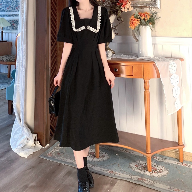 dress korea viral/  pakaian korea/ baju korea/Musim panas muda gaya baru boneka wanita kerah dress hitam ramping mid-length realpict