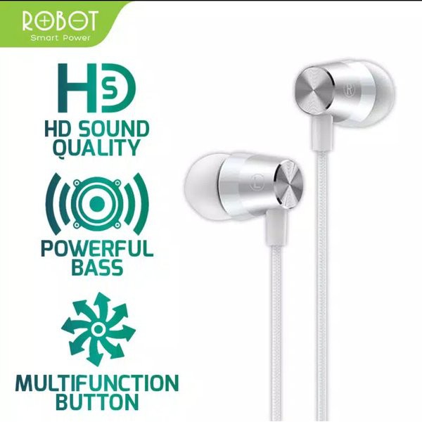 [HIGH QUALITY] HEADSET / HANDSFREE ROBOT RE101S EXTRA BASS KABEL L DESIGN GARANSI RESMI  1 TAHUN