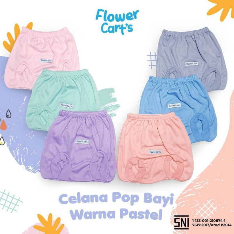 (6 Pcs) Celana Pop SNI FLOWER CART'S Newborn 0-6 Bulan Pastel / CHOKICHI Celana Kacamata Bayi Unisex