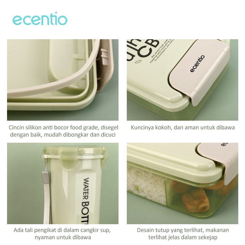 ecentio &amp; FOODI unch box anak set botol tas 3 pcs/tempat makan anti tumpah 2 Sekat 1100ml/1400ml/tas bekal makanan aluminium foil/botol minum 500ml/Free Sendok