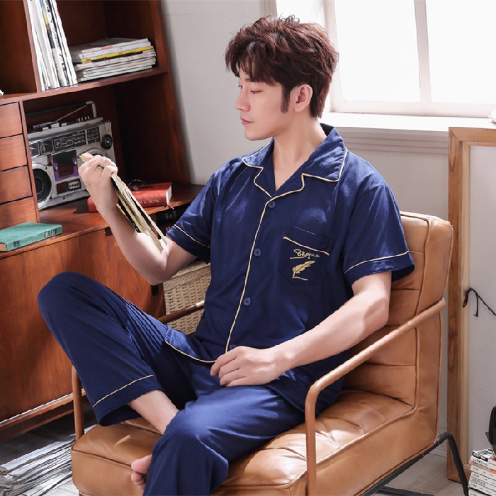 Cp piyama cowok dewasa corak kotak/Piyama Baju Tidur Pria Dewasa Import/setelan piyama lengan pendek-CP.KRAH BORDIR NAVY