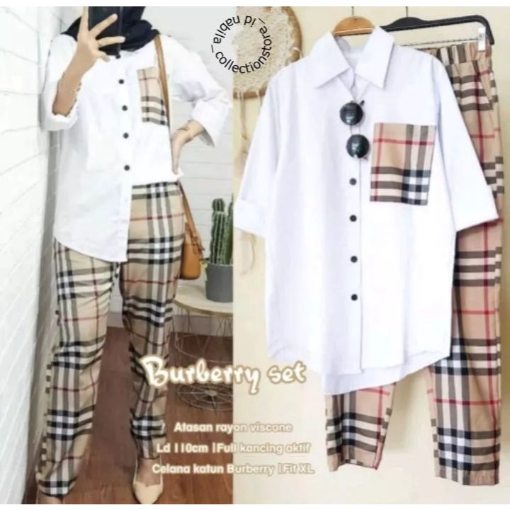 Ramdan Collection - Olivia One Set Daily Setelan Kemeja Wanita Katun Burberry Premium Baju Setelan Basic Fashion Muslimah Model Korean Style Crop Top Outfit OOTD Jumbo