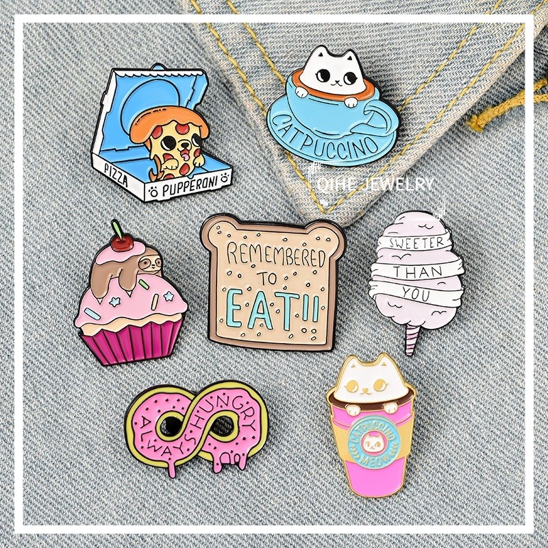 Bros Pin Enamel Bentuk Kue / Kopi / Roti / Pizza / Teh / Madu Untuk Hadiah