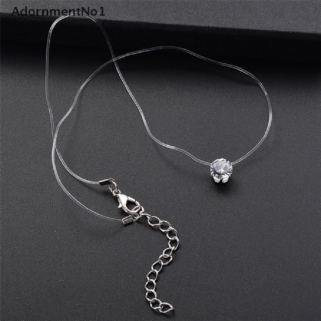 (AdornmentNo1) Kalung Choker Tali Pancing Transparan Invisible Dengan Liontin Batu Zircon Untuk Wanita