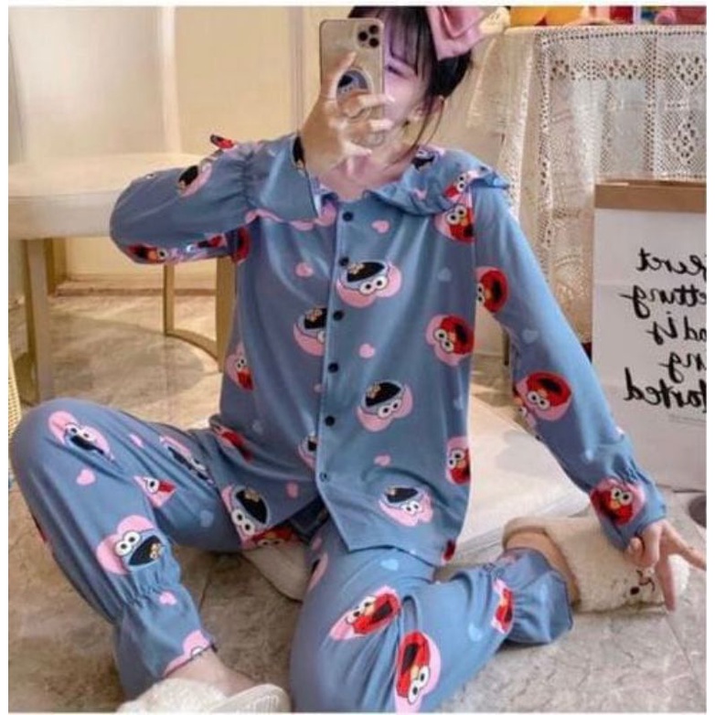 BAJU TIDUR WANITA DEWASA/PIYAMA RENDA PP/BAJU TIDUR IMPORT MURAH-Pp kerah elmo biru