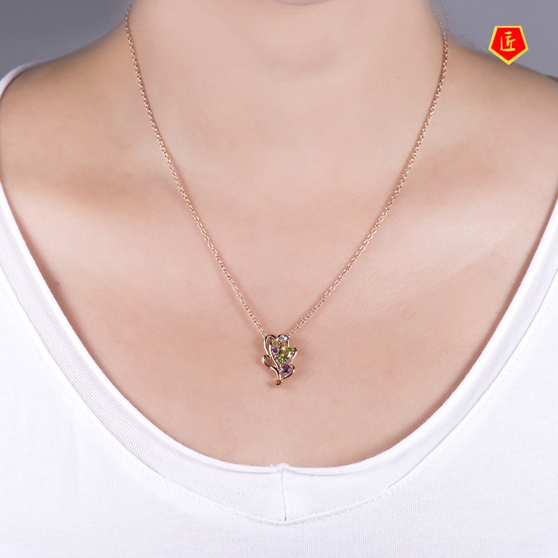 [Ready Stock]Leaf-Shaped Colorful Gemstone Pendant 18K Rose Gold Exquisite Elegant