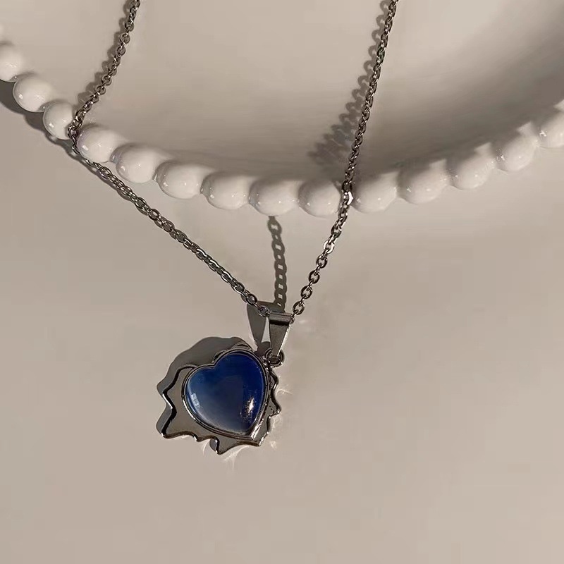 Desain minimalis blue opal cinta liontin kalung wanita ins kepribadian temperamental gaya dingin kal