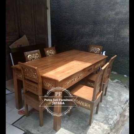 Meja makan panjang 2 meter kursi 6 kayu jati ukir
