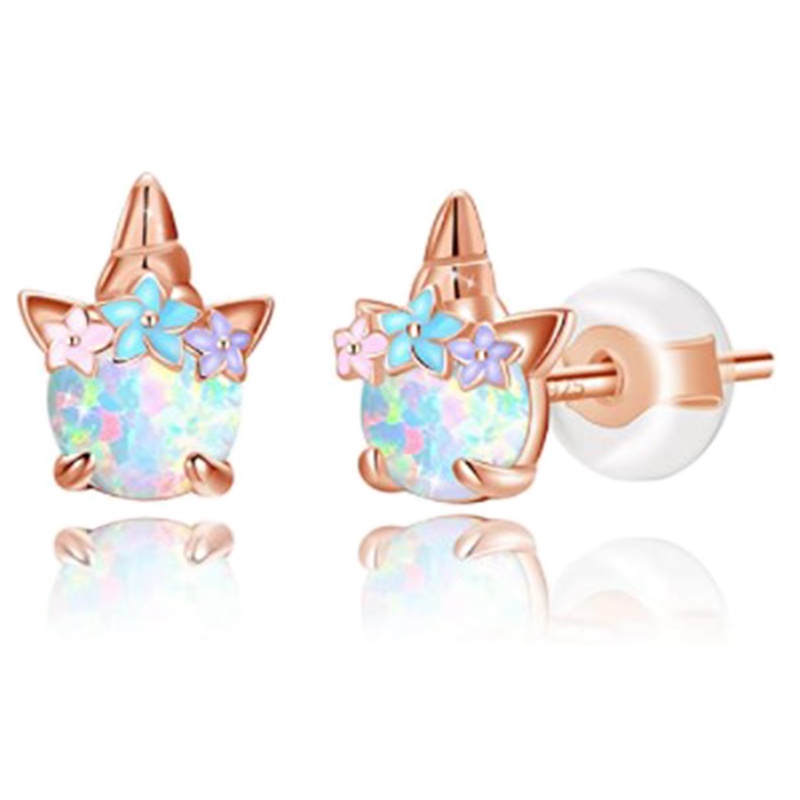 Anting Stud Hypoallergenic Desain Unicorn Opal Bahan 925 Sterling Silver Warna Rose Gold Untuk Wanita