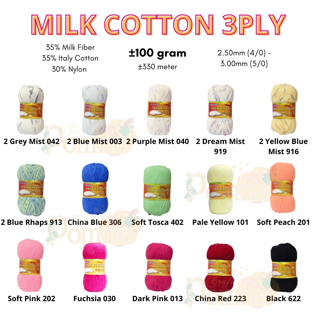 NEW!! Benang Rajut Milk Cotton 3ply 50GR &amp; 100GR | Katun Susu kecil import sembur polos