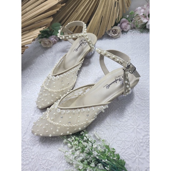 RaFaiZoutfit-reyna  sepatu wedding wanita sepatu cantik hells cream tali tinggi 3cm kaca