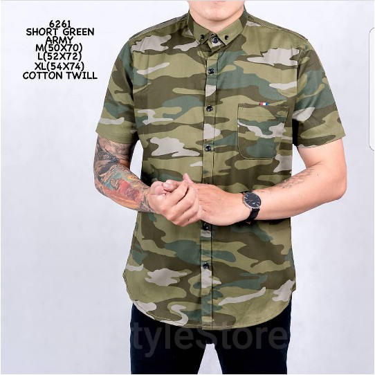 Kemeja atasan pria / cowok pendek green army - Hijau muda, M untuk kerja kantor kuliah