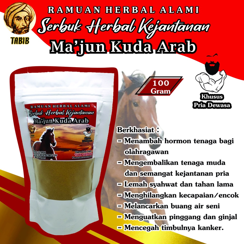 (100% BAHAN ALAMI) JAMU SERBUK MA'JUN KUDA ARAB 100gr 250gr Bubuk Obat Makjun Majun Helbeh Hilbah Ja