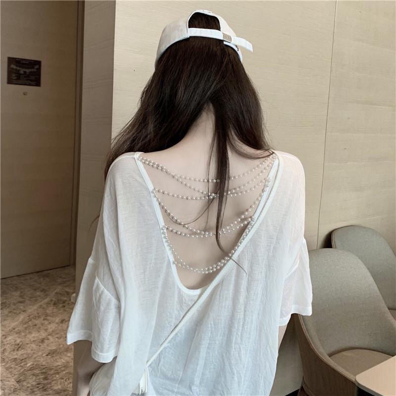 Suhao American Top Hati-hati Mesin Backless Pearl Hollow Tabir Surya T-shirt Musim Panas Longgar Len