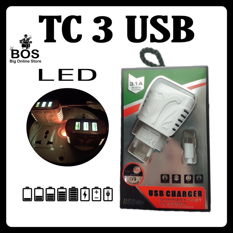 BOS - TC 3 USB LED | TRAVEL CHARGER UNIVERSAL 3.1A 3USB MICRO/V8/ANDROID