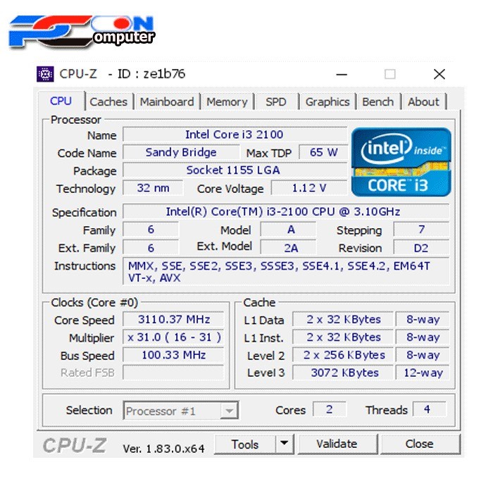 Processor INTEL CORE i3 2100 3.10GHz